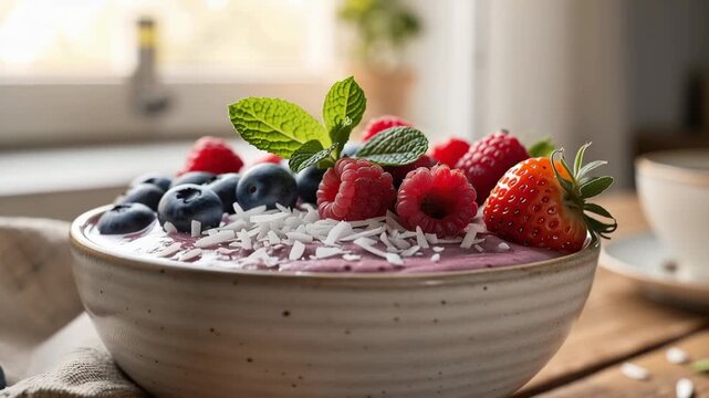 Healthy smoothie bowl with fresh berries coconut flakes and mint leaves in natural light