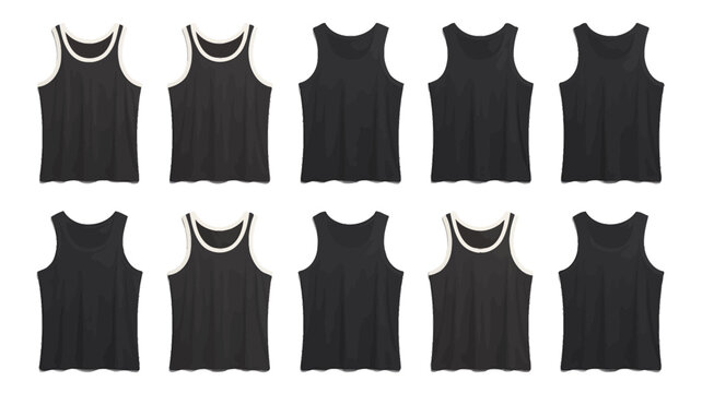 Collection of black tank tops with white trim on white background