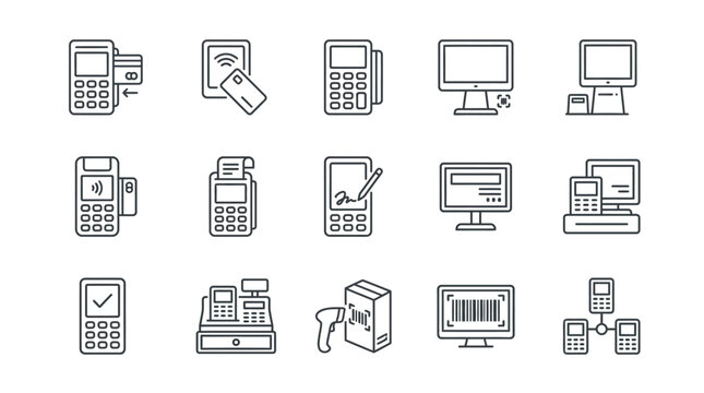Set of payment terminals and computer monitors illustrations in line art