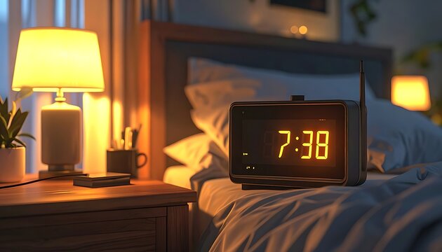 A cozy bedroom with an alarm clock on the bedside table