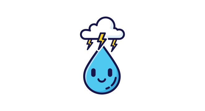 Cute raindrop character with thunder cloud icon.
