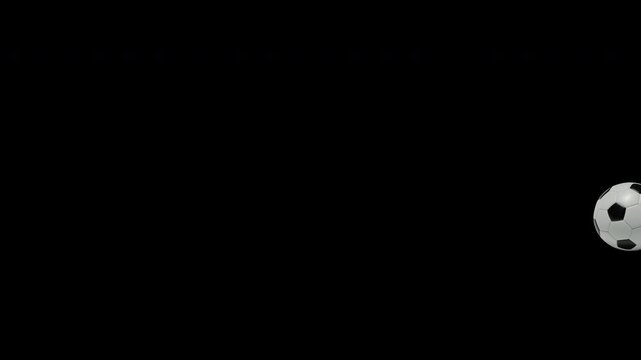 Soccer ball enters from the left, bounces across the frame and exits to the right. Isolated on transparent background (alpha channel). Smooth looping motion, realistic shadow and timing. Ideal for spo