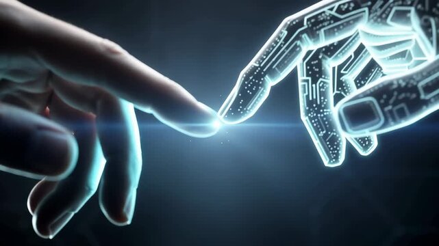 Human hand reaching out to touch glowing digital robotic hand symbolizing technology connection and innovation