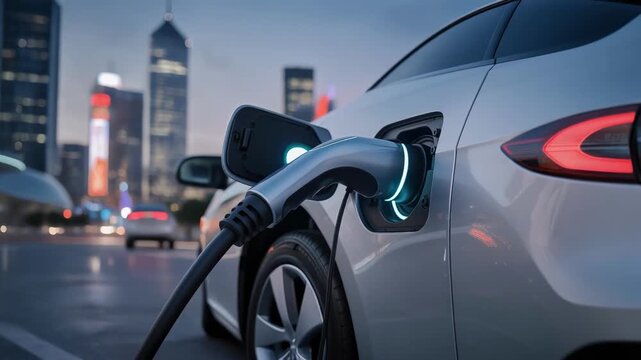 Electric car charging at night in modern city for sustainable transportation and clean energy future