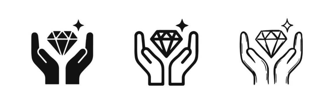 Value and Care Icon Set, Hands Holding Diamond Symbol, Quality Service and Premium Asset Concept