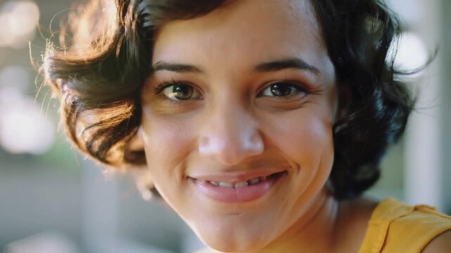 Smiling woman in yellow top responding to camera, widening and winking at home with rim light