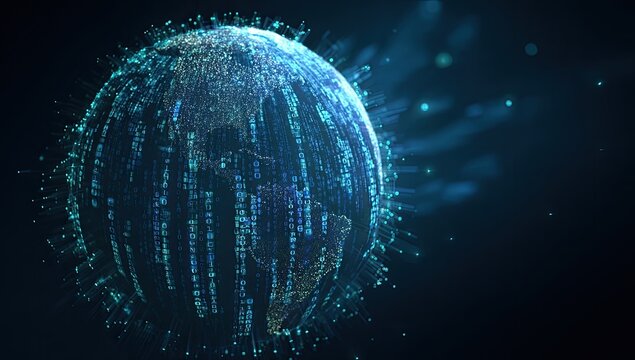 Glowing digital sphere with data streams radiating outwards against a dark background