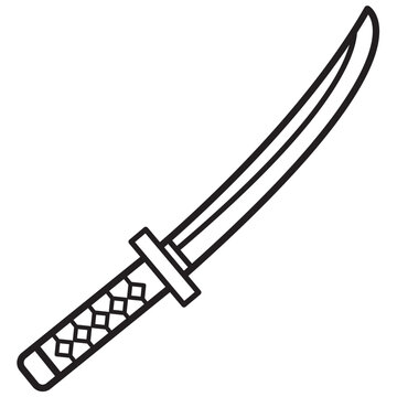 Simple black and white line art drawing of a traditional Japanese katana sword with a curved blade and patterned handle.