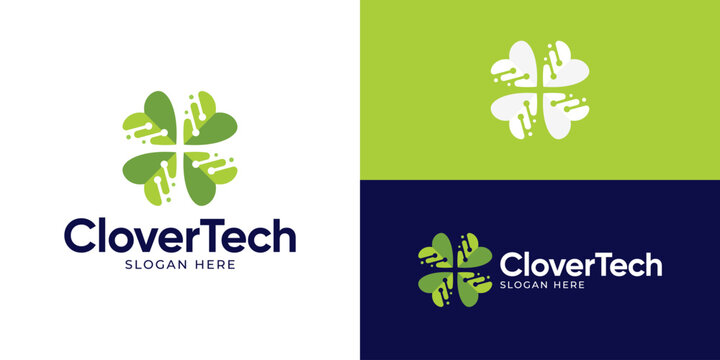 Creative simple clover tech logo template. Clover with circuit connect logo design vector illustration.