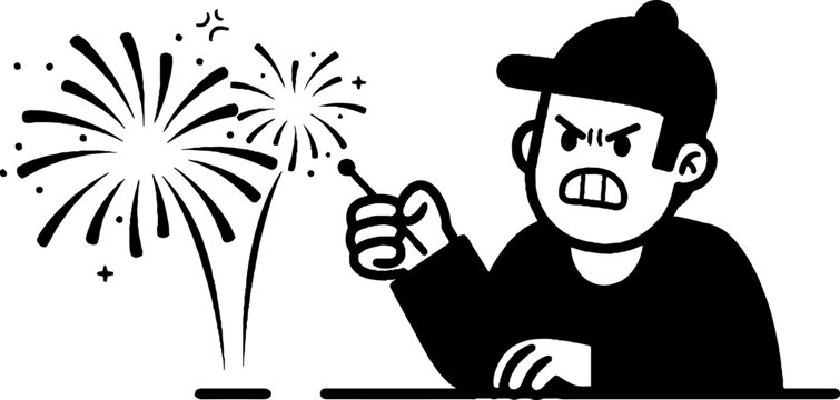 Frustrated cartoon man holding fireworks sparkler indoors.