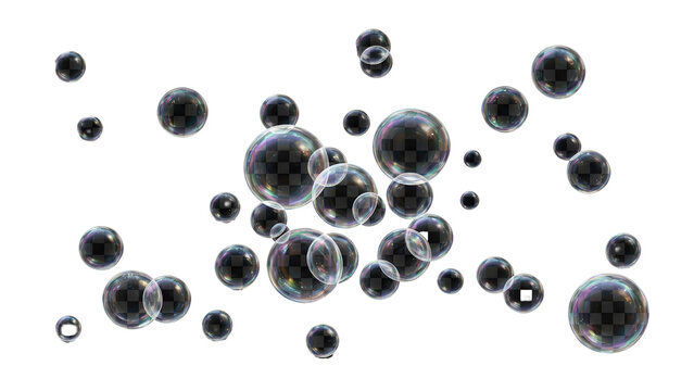 Realistic bubbles isolated on transparent background, transparent soap PNG overlay, fresh clean effect