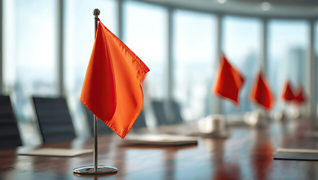 Small red flags stand on a polished conference table, a subtle warning