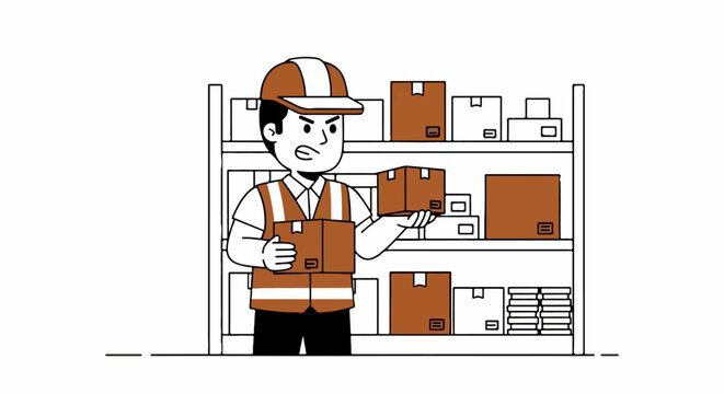 Warehouse worker organizing boxes on industrial shelving unit.