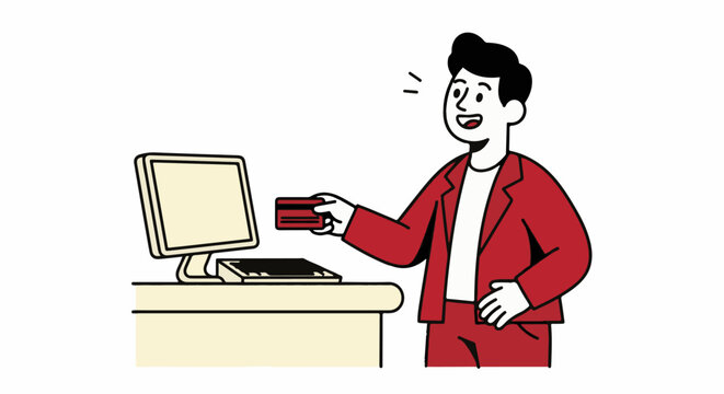 Happy young man inserting card into desktop computer.