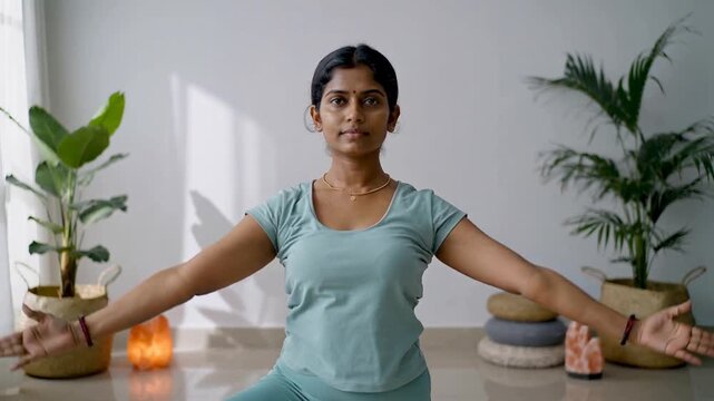 Kneeling on yoga mat, teal-clad woman lifting foot, raising arms into tree pose at home balancing