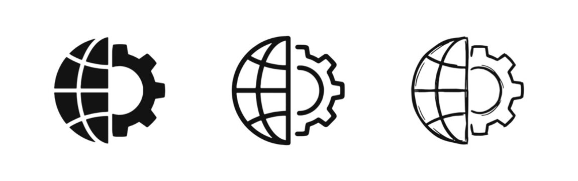 Global Engineering and Technology Icons with Globe and Gear - Solid, Outline, and Sketch Styles