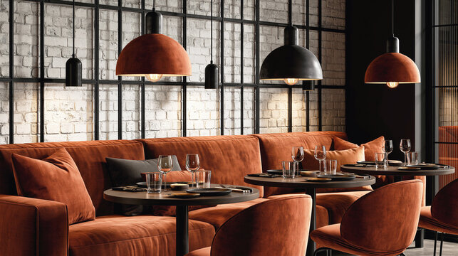 Elegant restaurant lounge interior features rust velvet banquettes, round tables, pendant lights, and white brick walls.