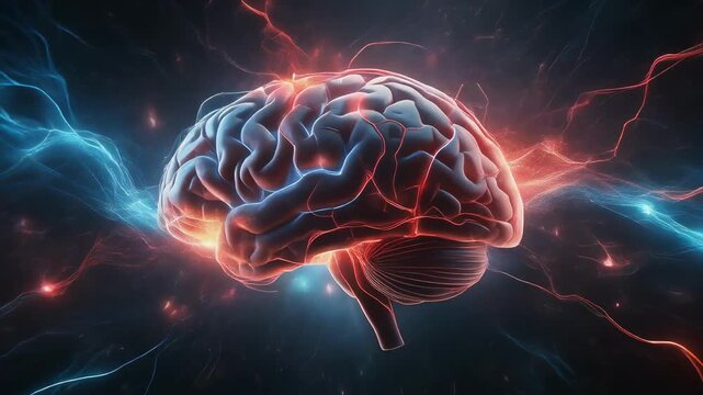 Human brain with glowing neural connections and electrical impulses in futuristic technology concept