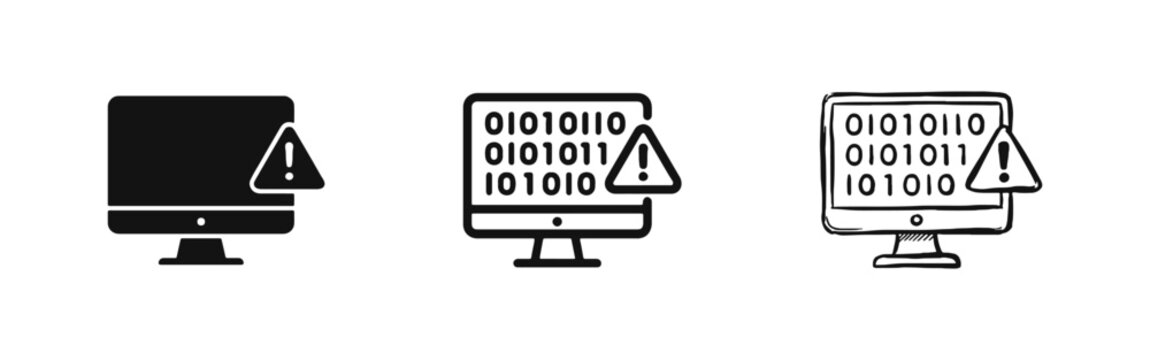 Computer Security Warning Icon Set - Binary Code with Alert Notification