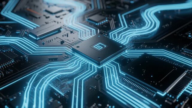 Close up of futuristic electronic circuit board with glowing blue pathways and microchips technology concept