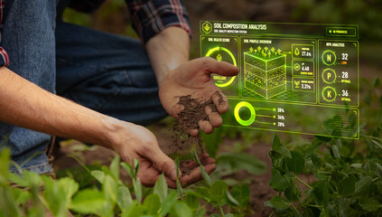 Soil composition analysis hologram with farmer testing earth sample. Concept of soil diagnostics, precision farming, agritech dashboard, crop planning, and sustainable agriculture. © master1305
