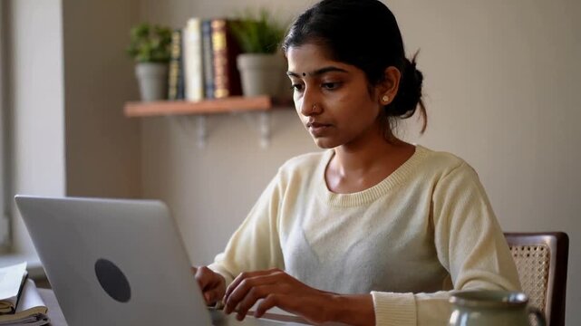 Typing woman of Indian appearance wearing light pullover working at laptop by window, with mug