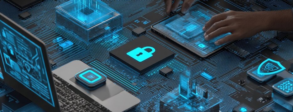 Digital security network with glowing blue circuits, padlock, and shield