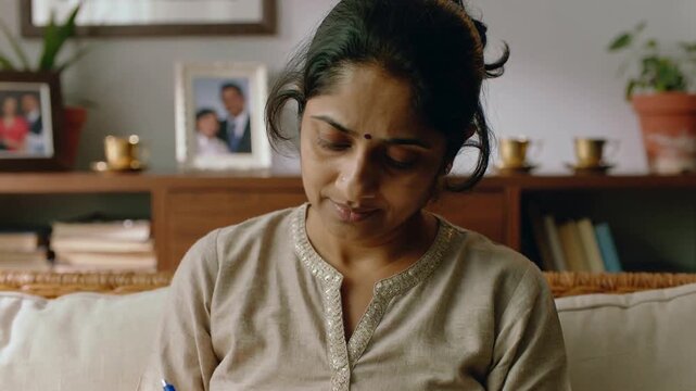Picking up blue pen woman wearing beige kurta writing in notebook on wicker sofa pausing recalling