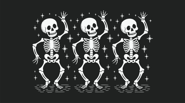 Dancing skeletons illustration with white celestial stars on dark background for halloween.