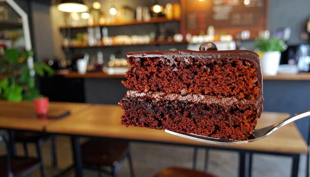 Decadent Devil's Food Cake Slice with Rich Chocolate Frosting on a Fork in a Cozy Cafe Setting