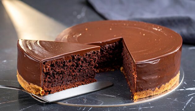 Decadent Flourless Chocolate Torte with Glossy Ganache, One Slice Removed