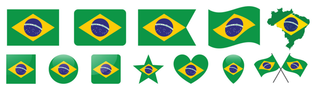 Brazil flag collection in various shapes and styles isolated on black background.