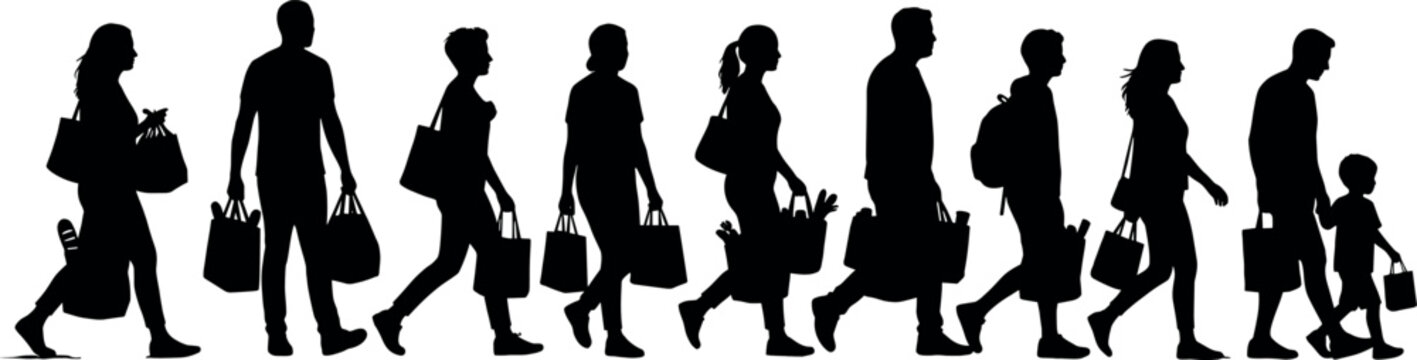 Silhouette Collection of Shoppers Walking with Shopping Bags Isolated on Gray Background for Retail and Consumer Lifestyle Concept