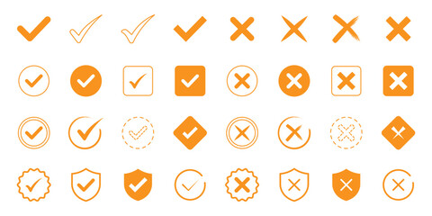Check tick mark icon set. Cross box x check mark checkbox v list vector draw hand drawn sketch doodle brush marker checklist symbol wrong right circle. Set green approval check mark and red cross icon © Hike Studio 2