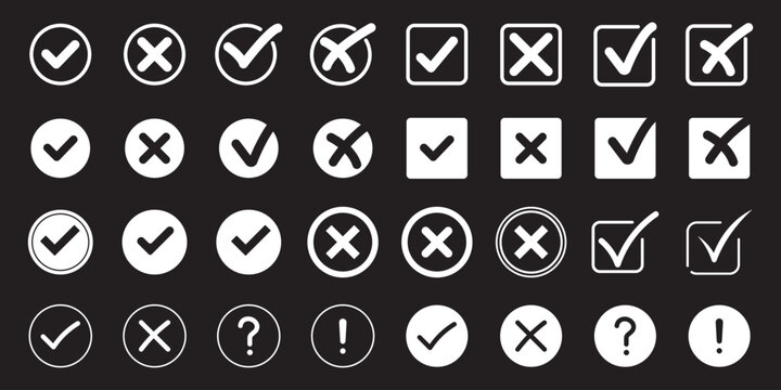 Checkmark Crossmark Checkbox and Validation Icon Set Vector Collection for User Interface Approval Rejection Confirmation Symbols in Flat Minimal Style Isolated on Background