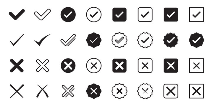 Check mark icon button, right wrong checkbox symbols, green success tick, red error cross, confirm reject options, alert exclamation and info icons, modern UI vector illustration.