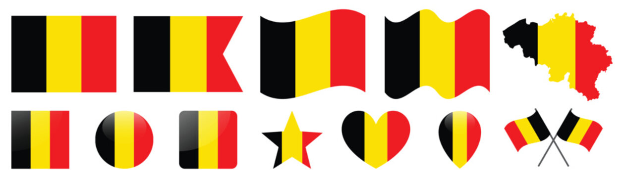 Belgium flag collection in various shapes and styles isolated on black background.