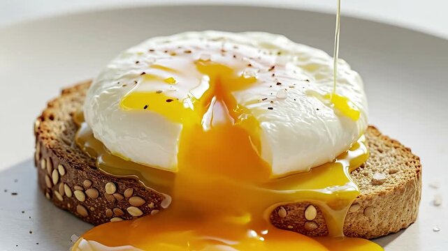 A close-up of a runny poached egg on toast with pepper and salt.