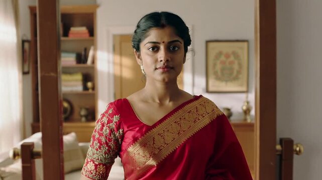 Camera moving closer, woman in red silk saree adjusting posture and checking look in living room