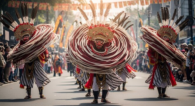 Reog Ponorogo traditional masked dance performance in parade.
