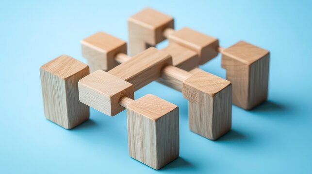 A wooden dumbbell-shaped object with cubical ends, symbolizing fitness and exercise.