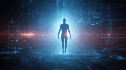 Fototapeta premium A luminous silhouette of a human figure stands bathed in ethereal blue light, surrounded by digital code and data streams. ..Created with Generative AI, not depicting real subjects.