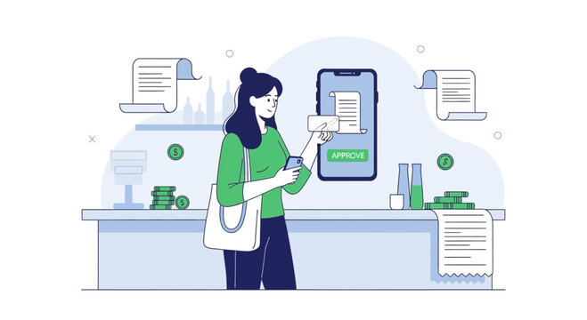 Woman Paying with Credit Card at Counter, Mobile Payment Approval
