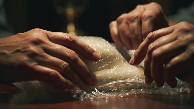 Feeling bubble wrap, two pairs of hands peeling bubble wrap on wooden table, inspecting pale object