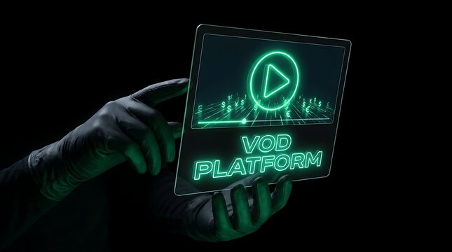 Futuristic hands holding digital tablet displaying video on demand VOD platform interface in glowing green neon.