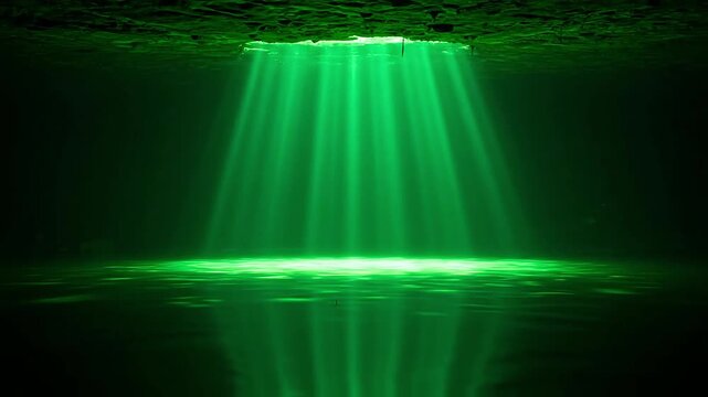 Green light rays penetrate the dark underwater abyss, creating a mysterious atmosphere.