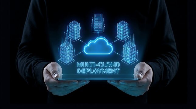 Concept of Multi Cloud Deployment with digital servers and cloud hologram in hands of a person.
