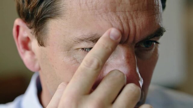 Pressing man probing forehead lines at home, checking skin with right index finger, collared shirt