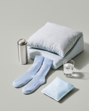 Post-surgery recovery essentials with compression socks, ice pack, wedge pillow, and water glass