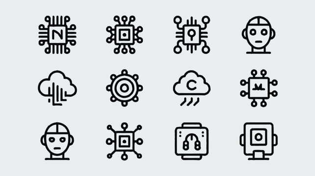 Technology icons, robotic symbols, circuit board elements, 12 black line icons